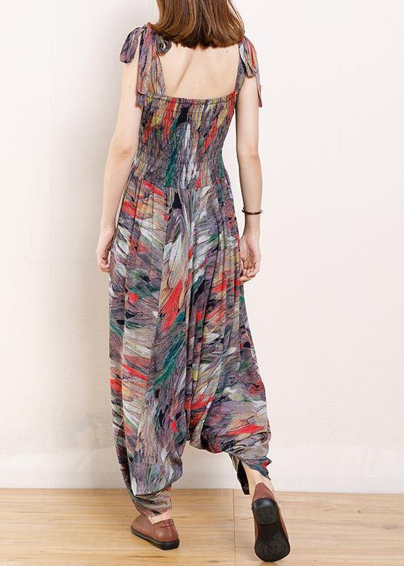 Organic Cotton Sleeveless Fun Vintage Cotton Print Drawstring Loose Jumpsuit - SooLinen