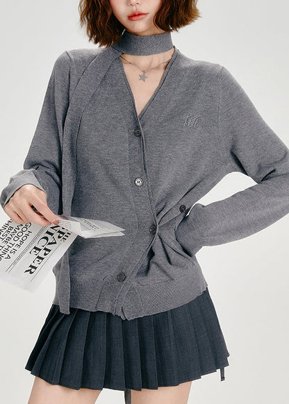 Organic Dark Grey Asymmetrical Button Knit Cardigans Spring