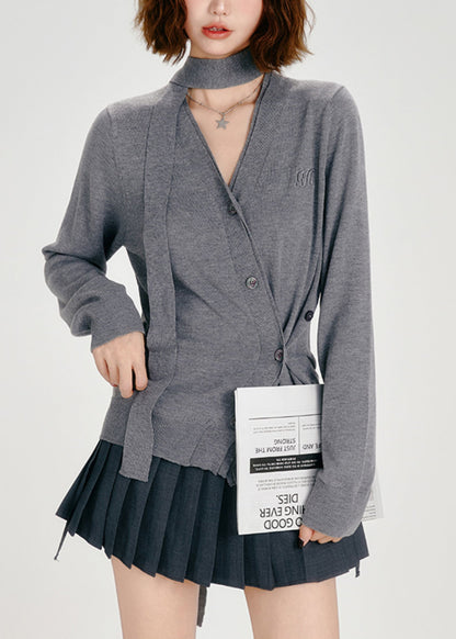 Organic Dark Grey Asymmetrical Button Knit Cardigans Spring