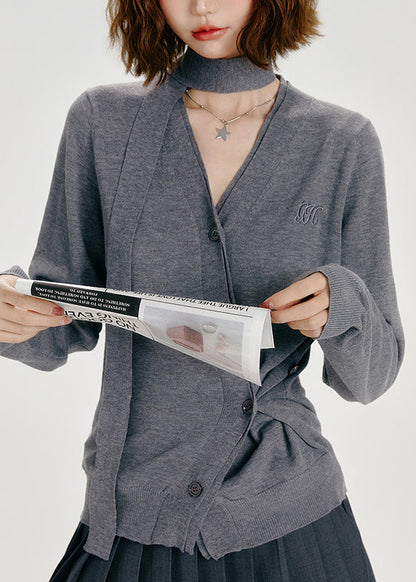 Organic Dark Grey Asymmetrical Button Knit Cardigans Spring