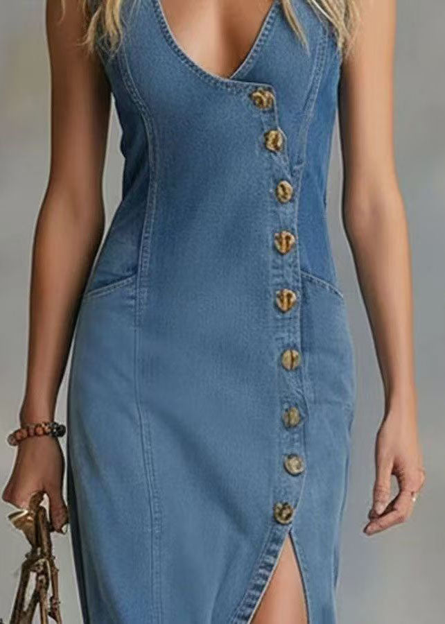 Organic Denim Blue Asymmetrical Design Side Open Slim Fit Long Dress Summer