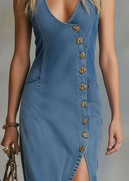 Organic Denim Blue Asymmetrical Design Side Open Slim Fit Long Dress Summer