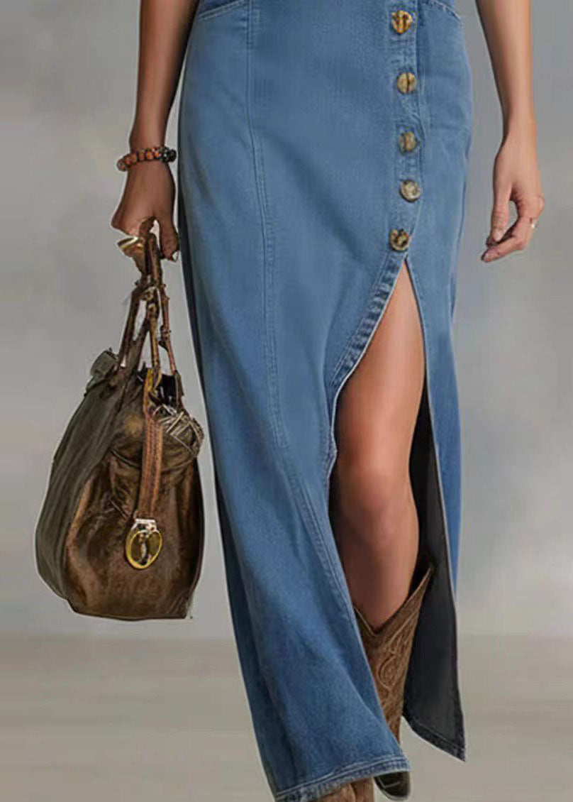 Organic Denim Blue Asymmetrical Design Side Open Slim Fit Long Dress Summer