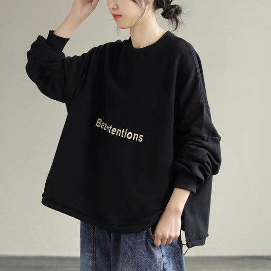 Organic Drawstring cotton Alphabet Prints Top Silhouette Sleeve Black Sweatshirt - SooLinen