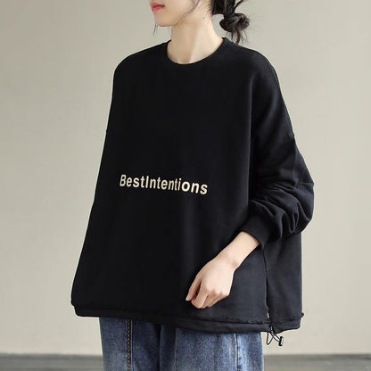 Organic Drawstring cotton Alphabet Prints Top Silhouette Sleeve Black Sweatshirt - SooLinen