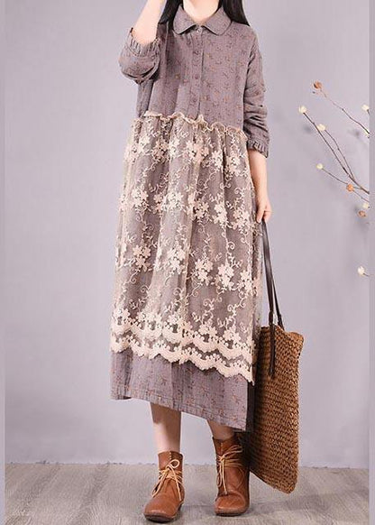 Organic Gray Print Wardrobes Patchwork Lace Long Spring Dresses - SooLinen
