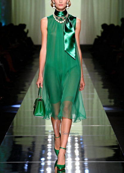 Organic Green Draping Chiffon Vacation Dress Summer