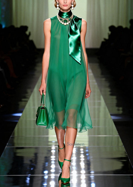 Organic Green Draping Chiffon Vacation Dress Summer