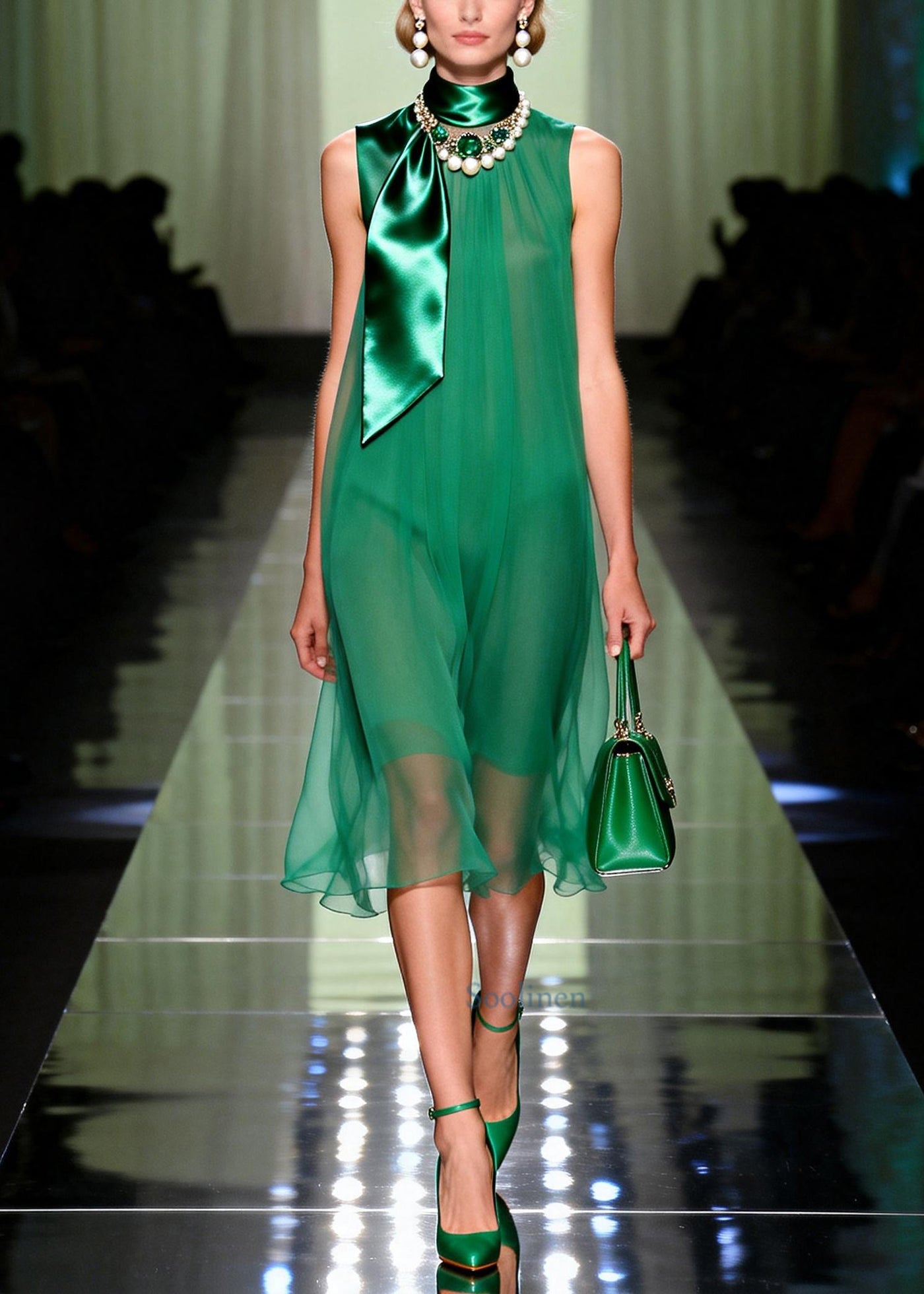 Organic Green Draping Chiffon Vacation Dress Summer