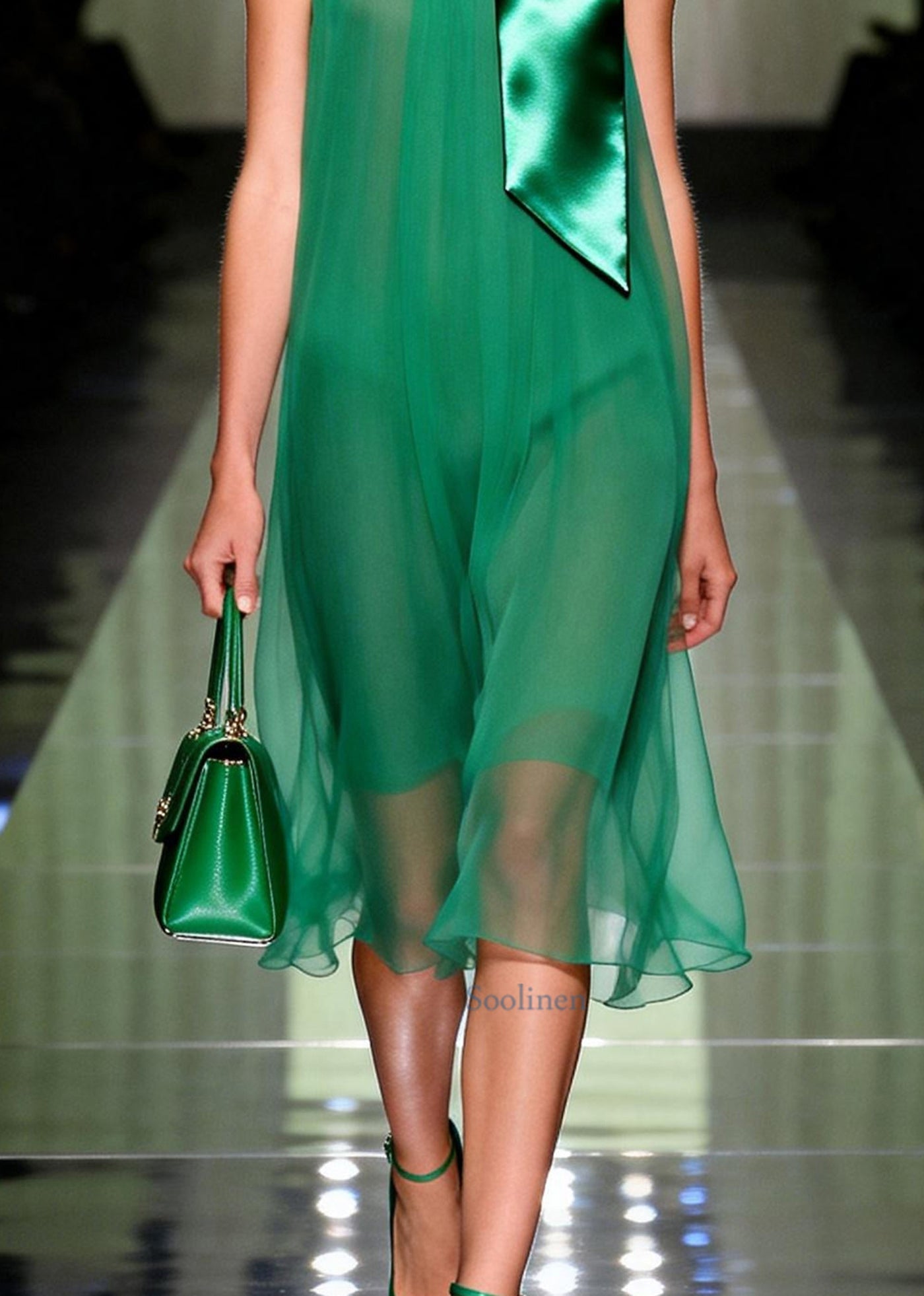 Organic Green Draping Chiffon Vacation Dress Summer