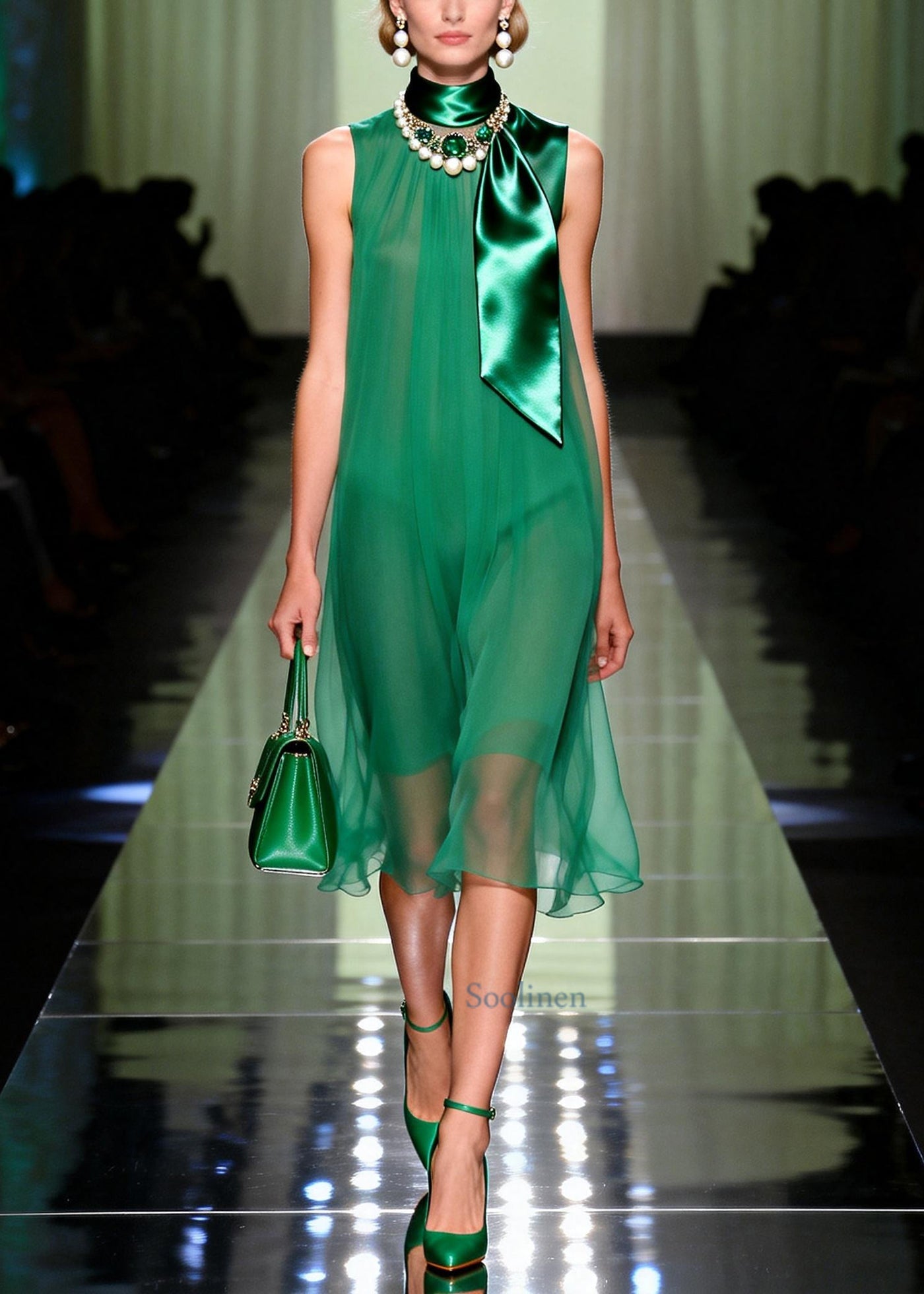 Organic Green Draping Chiffon Vacation Dress Summer