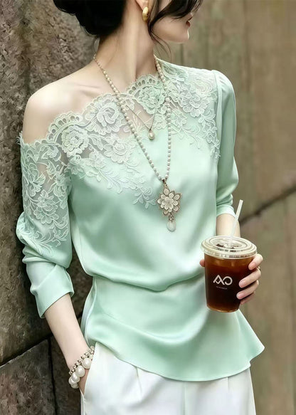 Organic Green One Shoulder Patchwork Lace Shirts Summer