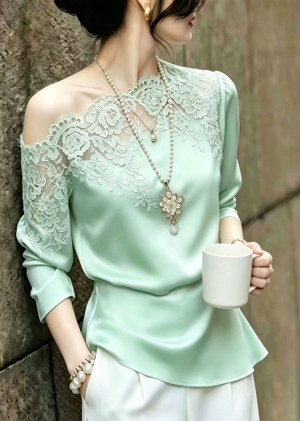 Organic Green One Shoulder Patchwork Lace Shirts Summer