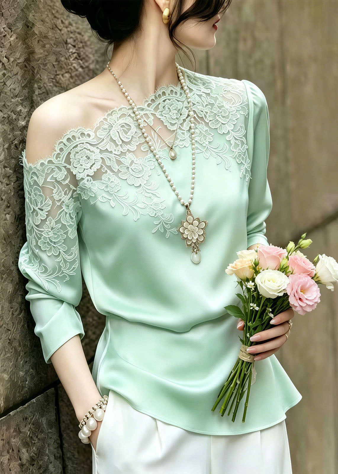 Organic Green One Shoulder Patchwork Lace Shirts Summer
