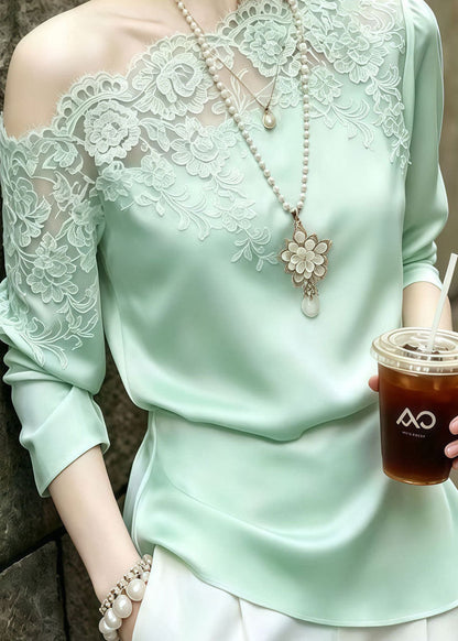 Organic Green One Shoulder Patchwork Lace Shirts Summer