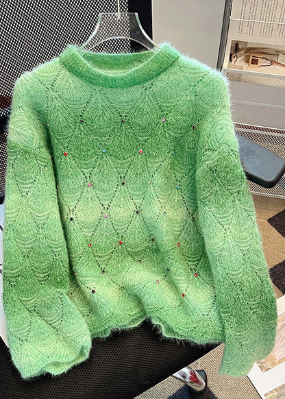 Organic Green Oversized Hollow Out Knit Sweater Tops Winter