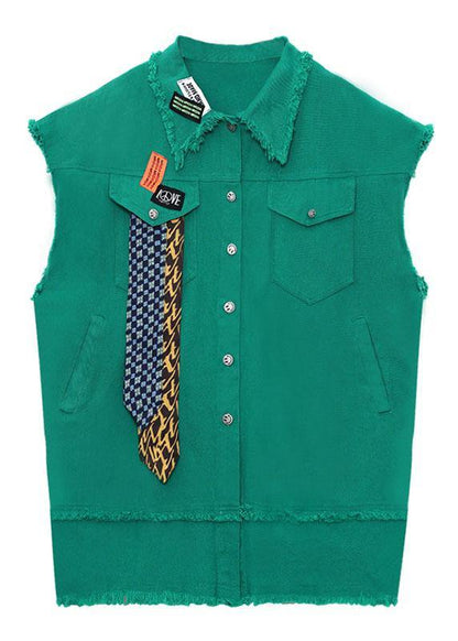 Organic Green Peter Pan Collar Button Pockets Fall Sleeveless Waistcoat - SooLinen