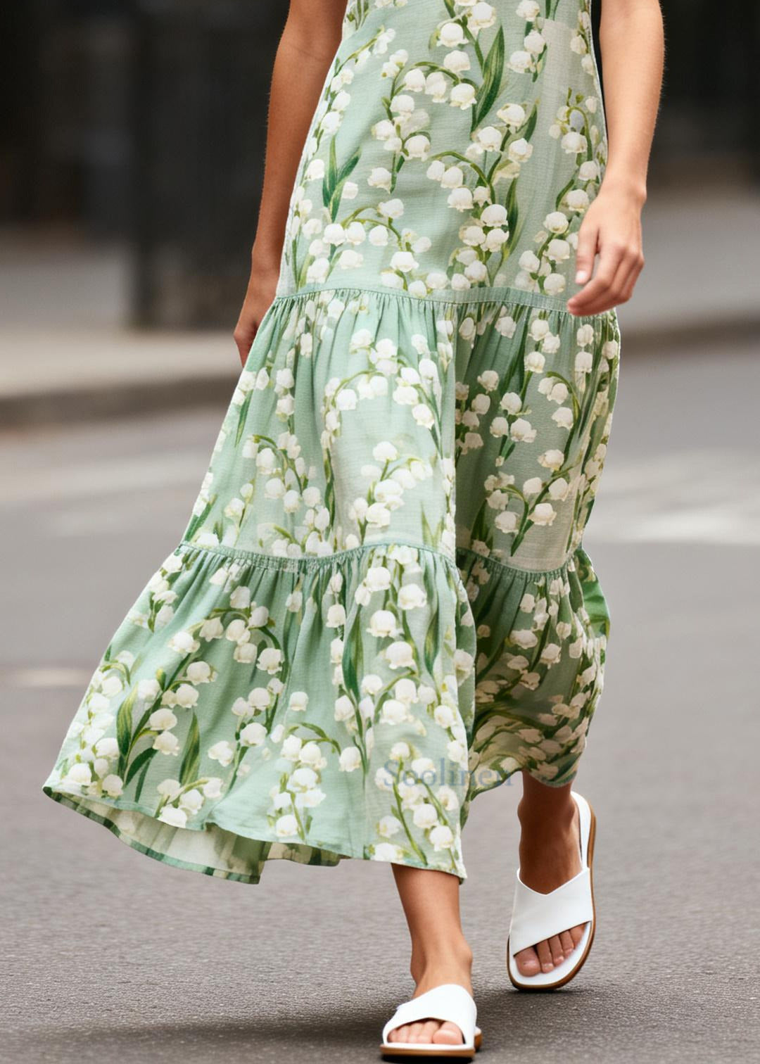 Organic Green Print Bow Cotton Cami Dress Summer