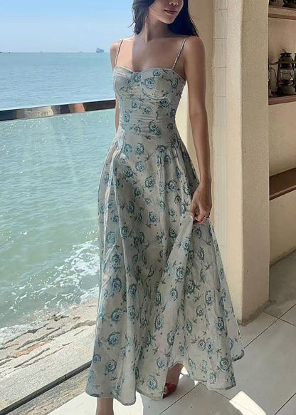 Organic Green Print Exra Large Hem Cotton Long Dress Sleeveless