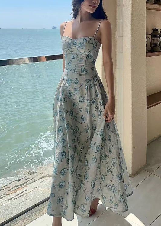 Organic Green Print Exra Large Hem Cotton Long Dress Sleeveless