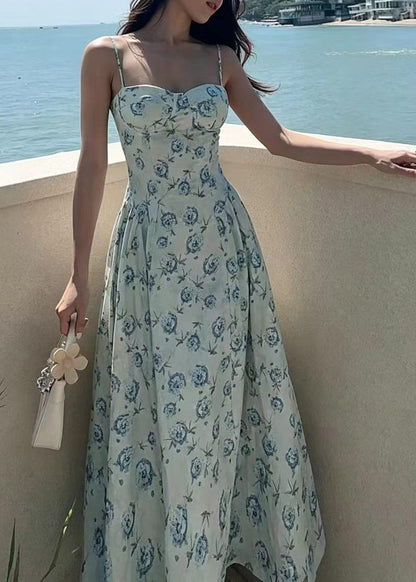 Organic Green Print Exra Large Hem Cotton Long Dress Sleeveless
