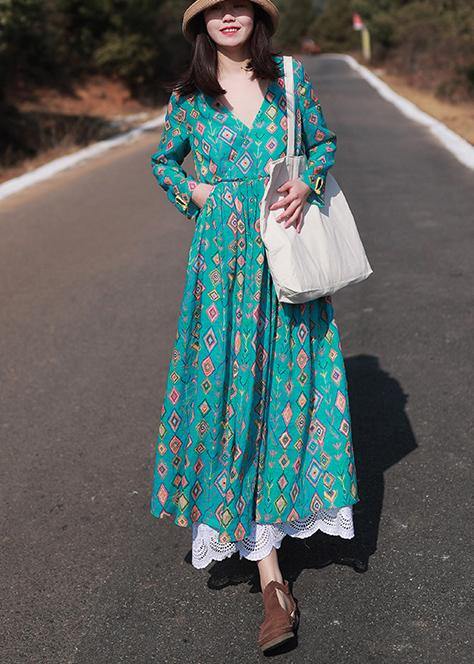 Organic Green Print dress V-Neck Spring Dress - SooLinen