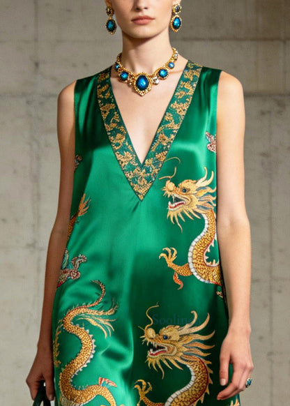 Organic Green Tasseled Print Silk A Line Dress Sleeveless