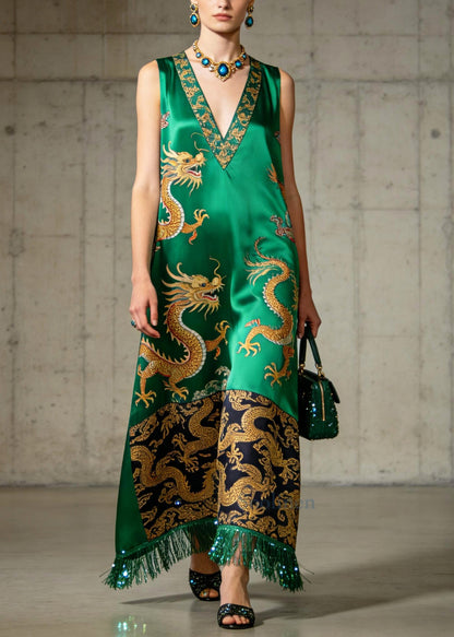 Organic Green Tasseled Print Silk A Line Dress Sleeveless