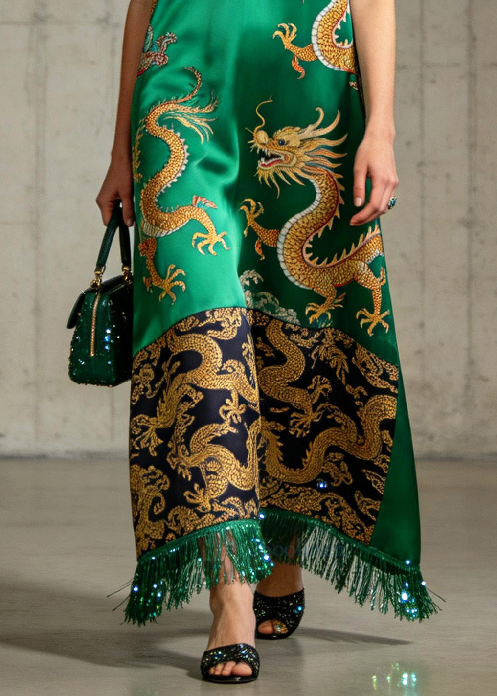 Organic Green Tasseled Print Silk A Line Dress Sleeveless