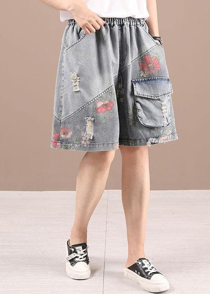 Organic Grey Patchwork Print Denim hot Pants - SooLinen