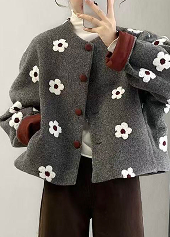 Conjunto de dos piezas de abrigo de lana con botones y pantalones anchos con estampado gris orgánico para invierno.