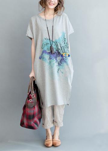Organic Grey Print Cotton side open Summer Vacation Dresses - SooLinen