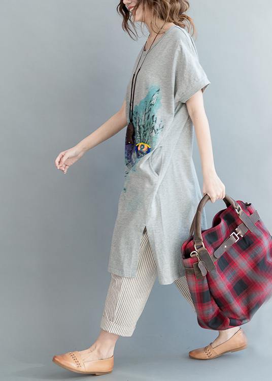 Organic Grey Print Cotton side open Summer Vacation Dresses - SooLinen