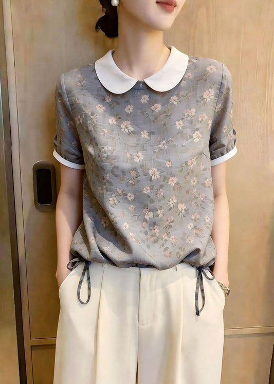 Organic Grey Print Drawstring Chiffon Shirt Summer