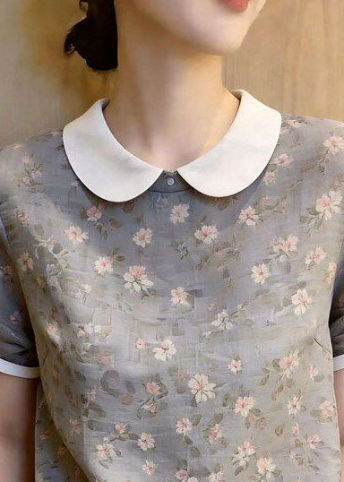 Organic Grey Print Drawstring Chiffon Shirt Summer