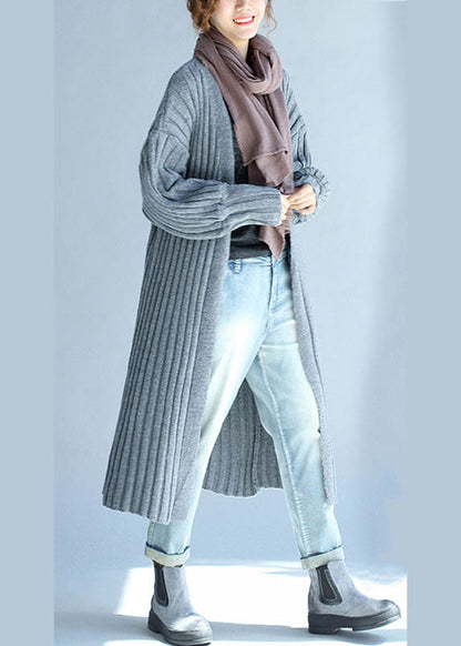 Bio-Strickjacken mit V-Ausschnitt, lockerer Herbststrick, langer Pullover, Grau