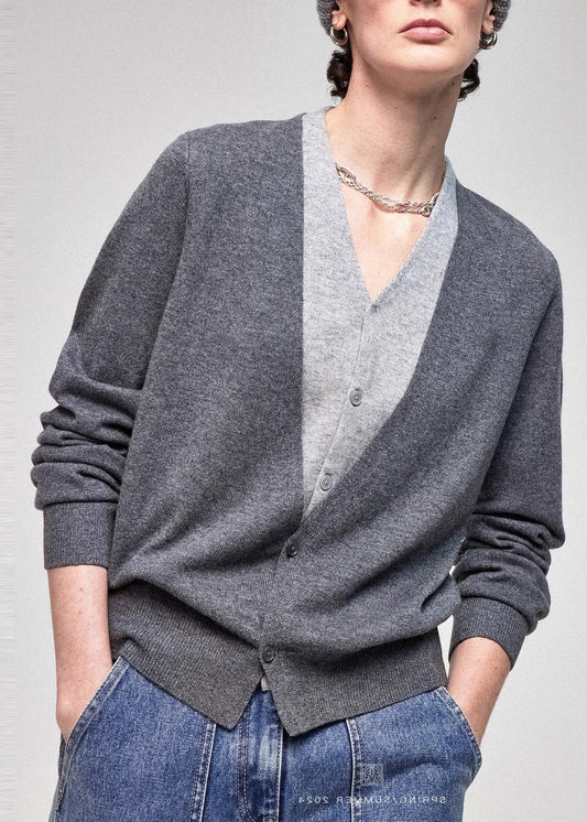 Organic Grey V Neck Patchwork Knit Fake Two Piece Tops Fall