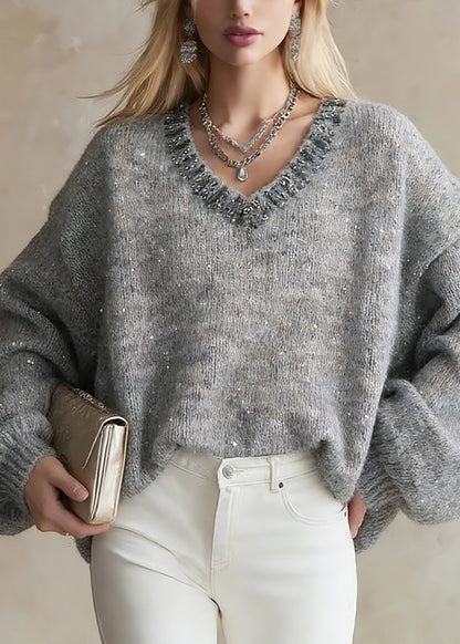 Organic Grey V Neck Zircon Cotton Knit Short Sweater Lantern Sleeve