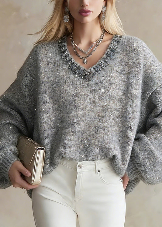 Organic Grey V Neck Zircon Cotton Knit Short Sweater Lantern Sleeve