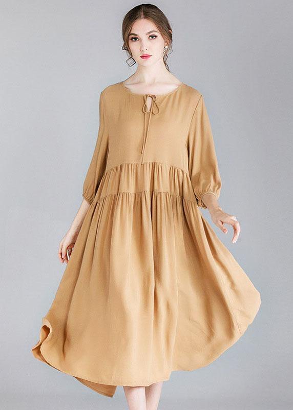 Organic Khaki Drawstring low High Design Spring Holiday Dress Three Quarter Sleeve - SooLinen