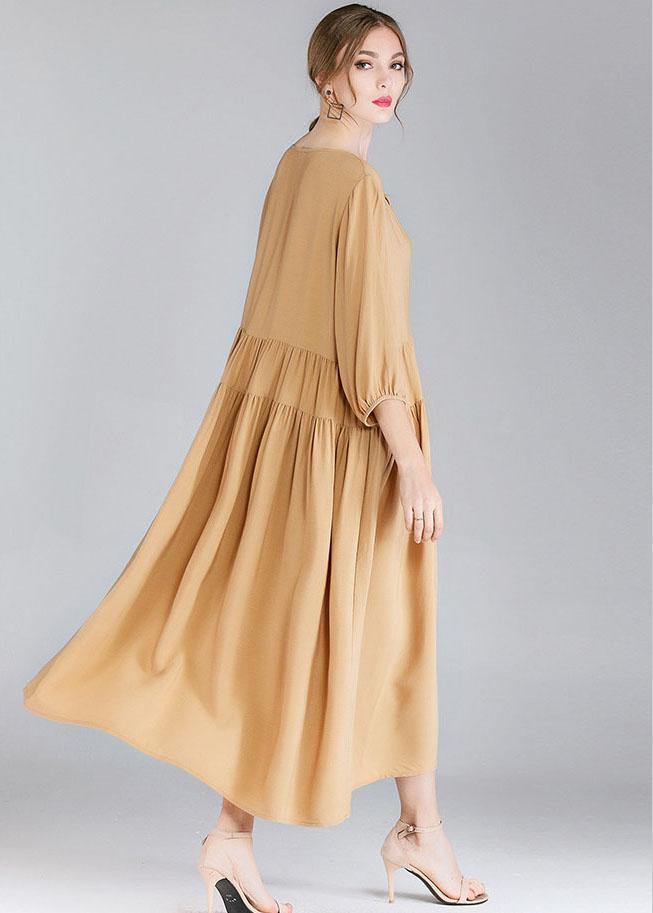 Organic Khaki Drawstring low High Design Spring Holiday Dress Three Quarter Sleeve - SooLinen