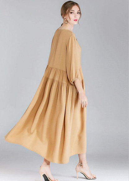 Organic Khaki Drawstring low High Design Spring Holiday Dress Three Quarter Sleeve - SooLinen