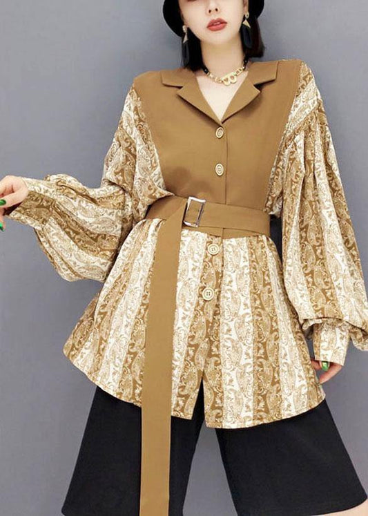 Organic Khaki Fall Patchwork Tie Waist Long Sleeve Top - SooLinen