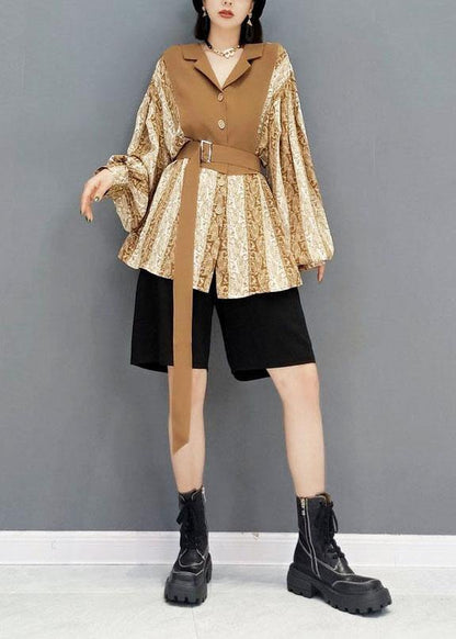 Organic Khaki Fall Patchwork Tie Waist Long Sleeve Top - SooLinen