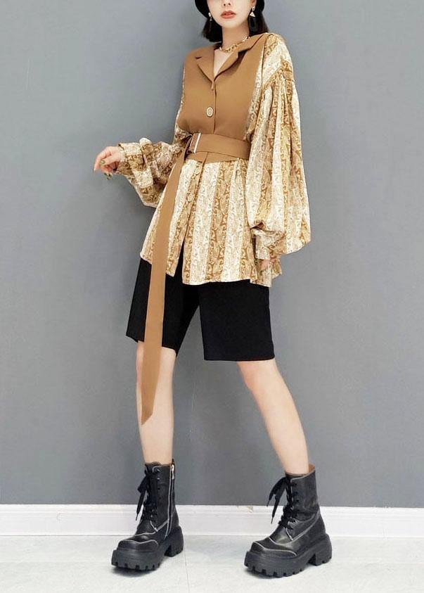 Organic Khaki Fall Patchwork Tie Waist Long Sleeve Top - SooLinen