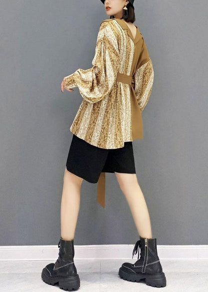 Organic Khaki Fall Patchwork Tie Waist Long Sleeve Top - SooLinen