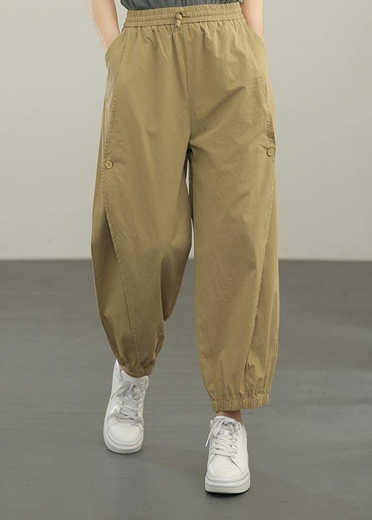 Organic Khaki High Waist Cargo  Pants Trousers Summer - SooLinen