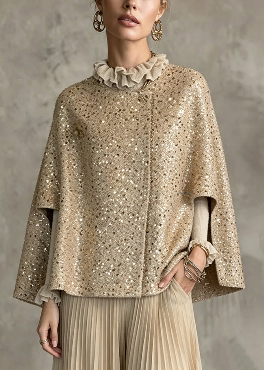 Organic Khaki O-Neck Sequins Woolen Cloak Coats Fall
