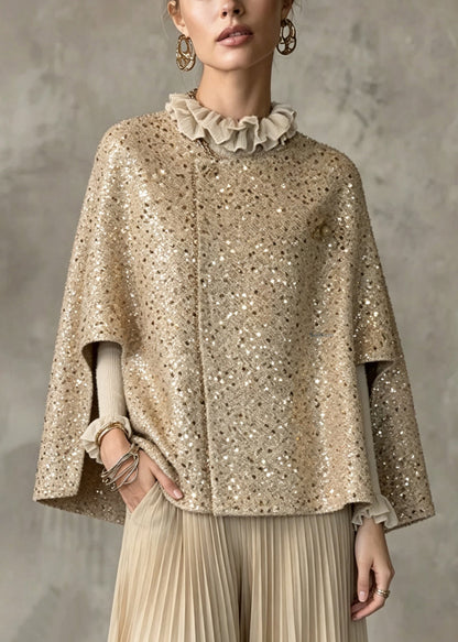 Organic Khaki O-Neck Sequins Woolen Cloak Coats Fall