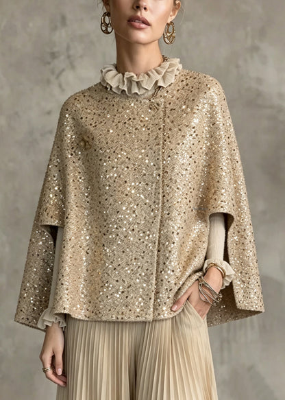 Organic Khaki O-Neck Sequins Woolen Cloak Coats Fall